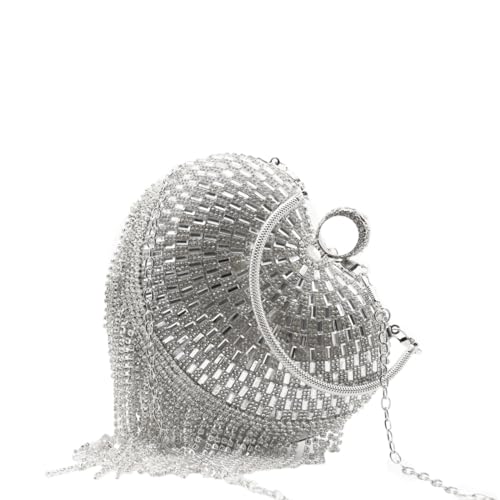 Image of UMREN Women Luxury Heart Shape Tassel Evening Clutch Bag Rhinestones Wedding Party Purse Handbag