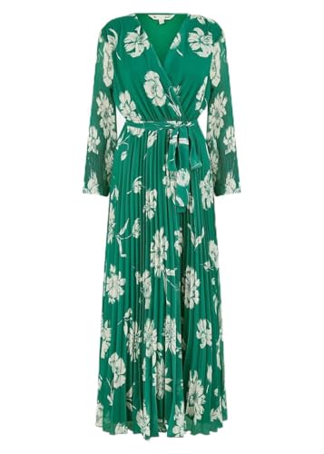 Image of Yumi Green Floral Pleated Midi Wrap Long Sleeve Dress (UK, Numeric, 8, Regular, Regular, Green)