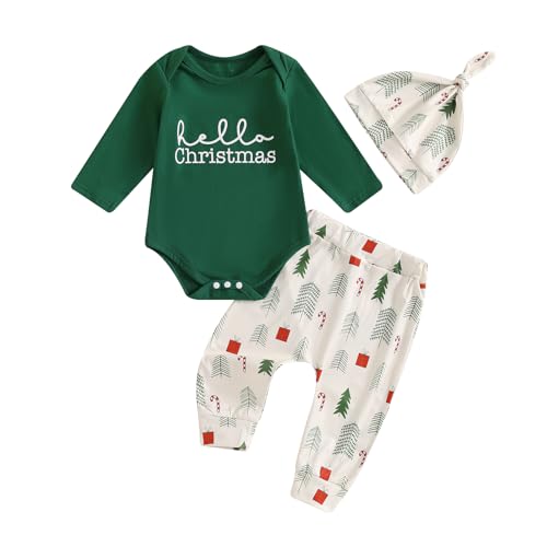 Image of Doisbetthsay Baby Boy Christmas Outfit Newborn Boy Clothes Long Sleeve Romper Pants Hat Infant Fall Winter Clothing Set (Christmas Green B, 0-3 Months)