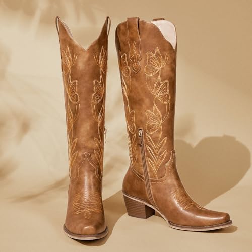 Image of wetkiss Knee High Cowboy Boots for Women, Stable and Comfortable | Western Style,Cowgirl Boots,Versatile,Pull On,Various Occasions,Non-slip Sole,Bohemian Rural Style