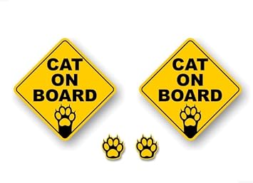 2 5.25" CAT on Board and 2 Paw Print 2 Decals Cats Paws Onboard Yellow Diamond Car Sticker Safety Sign Vehicle Minivan SUV Vinyl Stickers 4 Decal Set - 2 5.25" On Board & 2 2 Paw Prints