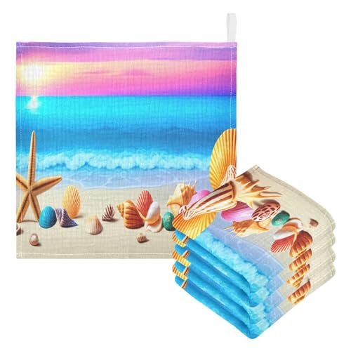 Nander 5Pack Baby Muslin Washcloths,Beach Starfish and Shells Soft Face Cloths for Newborn, Absorbent Bath Wash Cloths, Wipes, Burp Rag,Toddlers Essentials Stuff, Baby Registry as Shower