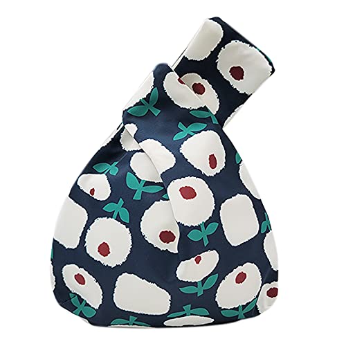 Image of Stylish Cotton Japanese Pattern Wrist Bag Sleeve Knot Pouch Portable Canvas Tote Purse for Female, Women (Navy Blue Apple Flower)