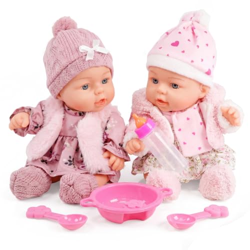 Bibi Doll 10 Realistic Twin Girl Dolls Ella & Emma with Pink Outfits Feeding Set and Magic Milk Bottle - Soft Vinyl Body - Ideal for Girls and Boys Aged 3 Years and Up