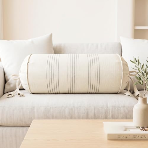 Image of SAJAVAT HOME Pure Cotton Stripe Bolster Cover | Decorative Round Cylindrical Pillow Cover for Sofa, Bed & Diwan | Soft & Breathable Cushion Cover | Beige with Grey Pinstripe | Pack of 2