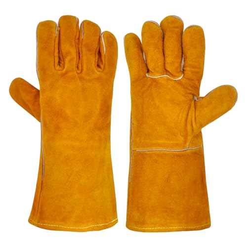 WOKICOR Feuerfeste Kaminhandschuhe und Grillhandschuhe Herren, Hitzeschutz Handschuh,Hitzebeständige Schweißerhandschuhe,Ofen Kaminofenhandschuhe, Braun, Robust Sicher,Handschuhe Hitzebeständig