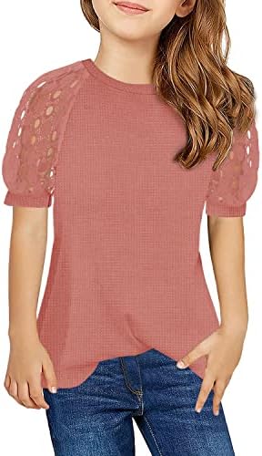 Geckatte Kids Girls Short Sleeve Tops Lace Casual Loose Blouses T Shirts Crewneck Tunic Tee Pink