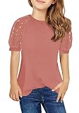 Geckatte Kids Girls Short Sleeve Tops Lace Casual Loose Blouses T Shirts Crewneck Tunic Tee Pink