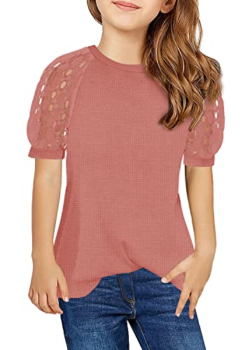 Geckatte Kids Girls Short Sleeve Tops Lace Casual Loose Blouses T Shirts Crewneck Tunic Tee Pink #TOP5