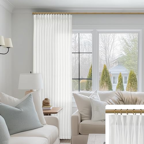 White Linen Curtains 84 Inch Long,Light Filtering Semi Sheer Pinch Pleated Coastal Window Curtain Sheers for Living Room Bedroom by SHINELAND - Used condition - Image 2