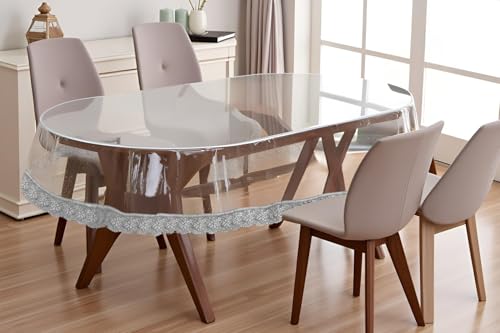 Image of The Furnishing Tree Oval Shaped 4 to 6 Seater Transparent Table Cover WxL 54x78 inches 0.25 mm Thickness with Silver Lace