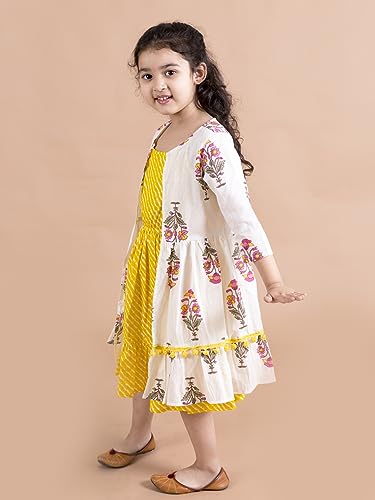 Image of Pspeaches Girls Yellow Striped Cotton Midi Dress With Printed Shrug (Yellow)