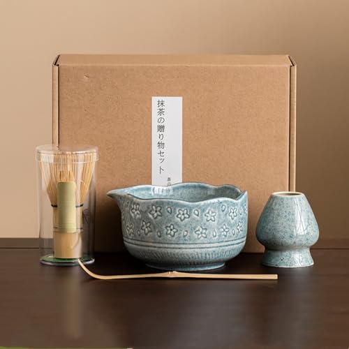 Dudass お抹茶セット 抹茶泡立て器セット 抹茶碗 百本立 茶筅 茶筅立て 茶杓 茶さじ 初心者さん向け 茶道具 茶道 伝統的工芸品 お手入れも簡単 敬老の日 父の日 母の日 クリスマス 新年 誕生日 ギフト プレゼント (ブルー,4点セット)