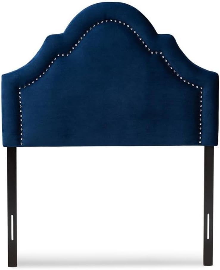 BOWERY HILL Modern Velvet Twin Headboard, Navy Blue Upholstered Wood Frame, Curved Silhouette with Silver Nailheads, Adjustable Height, Bedroom Furniture