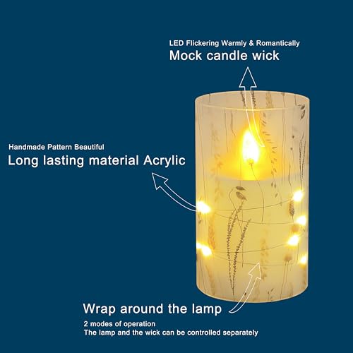 Image of Flickering Flameless Candles Leaf Print, Embedded Star String Lights, Battery Operated Acrylic LED Pillar Candles with 11-Key Remote and Timer for Home Decoration, 3 Pack