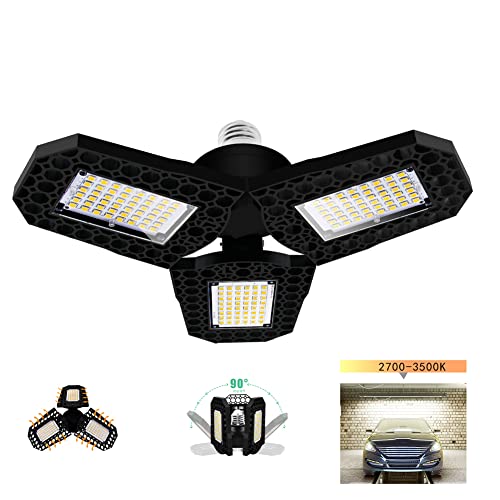 ALQFFHL Luz LED para Garaje 60W Blanco Cálido, Bombilla de Techo Deformable E27 con 3 Paneles Ajustables, 6000LM 3000K,para Garaje Oficina Taller Almacén Sótano Pasillo Estadio [Clase Energética A+] Cover