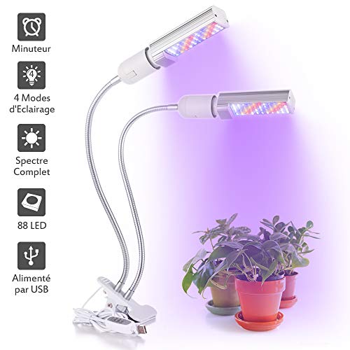 LONGKO Lampe de Croissance Horticole Double Tête 20W 88LED à Spectre Complet avec Minuterie 2/4/8H/-4 Niveaux de Luminosité Réglables/Ampoule de Rechange Pour Plantes Intérieur/Plantes succulentes