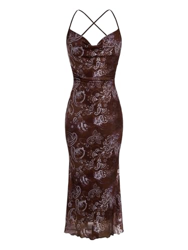 Image of SOLY HUX Women's Floral Mesh Bodycon Cami Dress Cowl Neck Sleeveless Cocktail Party Wedding Guest Long Maxi Dresses
