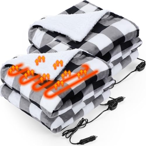 HunnmingRe 2 Pack Heated Car Blanket,12 Volt 3 Heating Levels 60" X 43" Electric Blanket Adjustable Temperature Portable Heated Throw for Car SUV RV Camping Winter Cold Weather (White and Black)