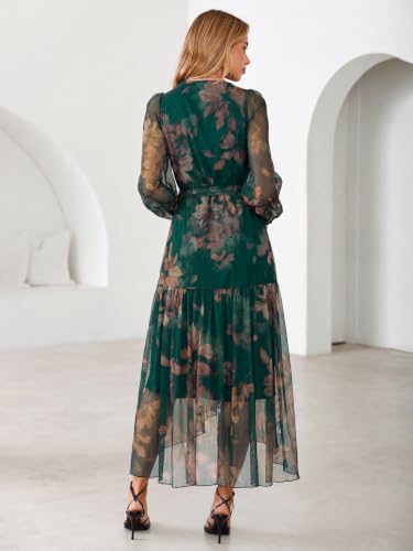 Simplee Women's Floral Long Sleeve Mesh Maxi Dress Fall V Neck Wrap High Low Swing Flowy Wedding Guest Dress Brown Green M — view 4