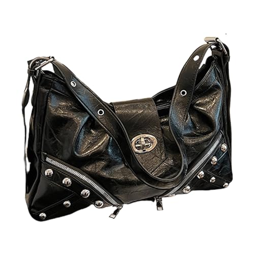 Sac à main à bandoulière punk à rivets en cuir PU plissé pour femme