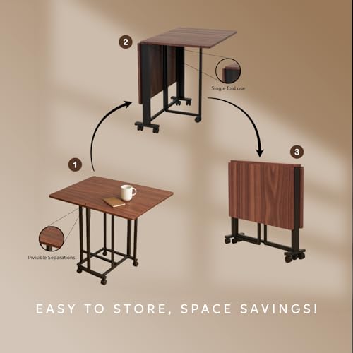 Image of InnoFur Wood Easy Folding Dining Table | Foldable Dinner | Cafe | Breakfast | Four Seater Dinning with Wheels for Home, Hotels, Office (Beige, Large(130 CM))
