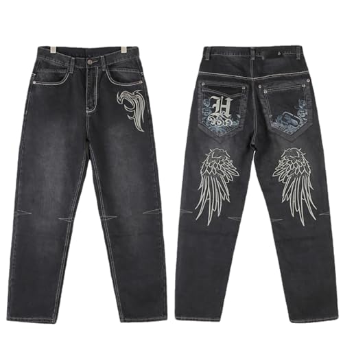 NCDUANSAN Gothic Men's Denim Pants Street Trend Loose Hiphop Street Dance Graffiti Print Casual Straight Tube Wide Leg Wash