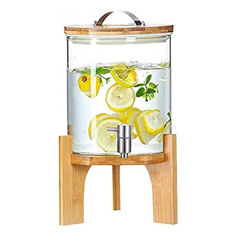 Barrel Beverage Dispenser with Stand, Commercial Glass Jar Drinks Dispenser with Stainless Steel Tap, 5L/7.5L/10L, Hot and Cold Water Dispensers for Weddings Parties, Ideal for Kombucha Sun Tea Cover