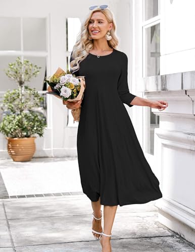 HOTOUCH Women's 3/4 Sleeve Casual Loose Solid Midi T-Shirt Dress (Black XL) - Thumbnail 2