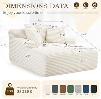 Oversized Chaise Lounge Chair Indoor,50"W Upholstered Corduroy Couch with 3 Pillows,Comfy Fluffy Cloud Couch,Modern Deep Seat Sofa,Single Sleeper Sofa Chair for Livingroom,Bedroom,No Assembly(White)