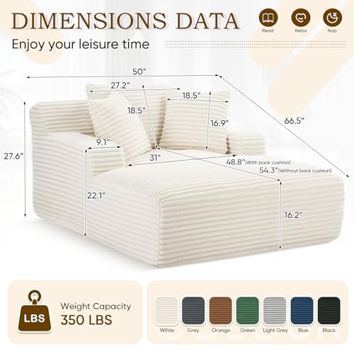 Oversized Chaise Lounge Chair Indoor,50"W Upholstered Corduroy Couch with 3 Pillows,Comfy Fluffy Cloud Couch,Modern Deep Seat Sofa,Single Sleeper Sofa Chair for Livingroom,Bedroom,No Assembly(White)