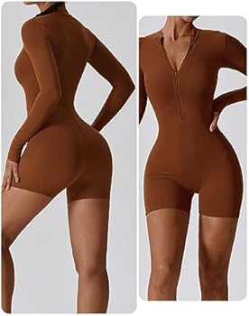 SEAUR Sportieve jumpsuit voor dames, kort, nauwsluitend, voor yoga, bodysuit met 1/2 rits, zacht, met stretch, eendelig, sportpak, voor sportschool, fitness, joggen, Grijs, S