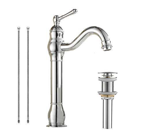 Grifo giratorio de 360° para lavabo de baño, latón cromado, alto con desagüe emergente, montaje de un solo agujero, grifos de un solo mango, sin desbordamiento, línea de suministro de grifo mezclador