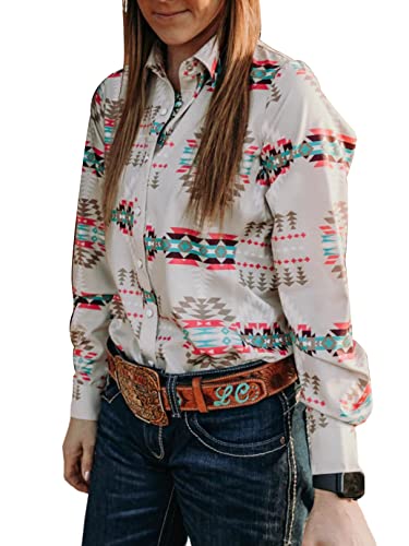 Womens Aztec Pearl Snap Shirts Rodeo Western Show Tops Lapel Button Up Blouse Long Sleeve Cowgirl Tunic