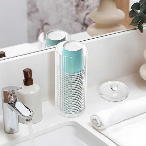 KIMCHOMERSE Bathroom Cup Dispenser, Mouthwash Cup Holder for 3oz Disposable Paper Cups, Cotton Round Pad Holder with Lid for Vanity Makeup Organizer - Clear Acrylic Bathroom Canister