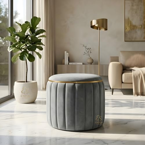 ENIQE STORE Round Velvet Ottoman Stool for Living Room Bedroom Dressing Table, Pouffe Seat, Foot Rest Stool for Bedroom, Vanity Seat, Modern Upholstered Stool Home Decor, Grey (15 x 13 Inch)