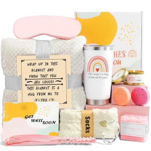 Get Well Soon Care Package for Women, 12 Pcs Deluxe Self-Care Gift Box with Beige Cozy Blanket, Tumbler, Candle & Spa Feel Better Basket – After Surgery, Thinking of You, Encouragement Recovery Gifts