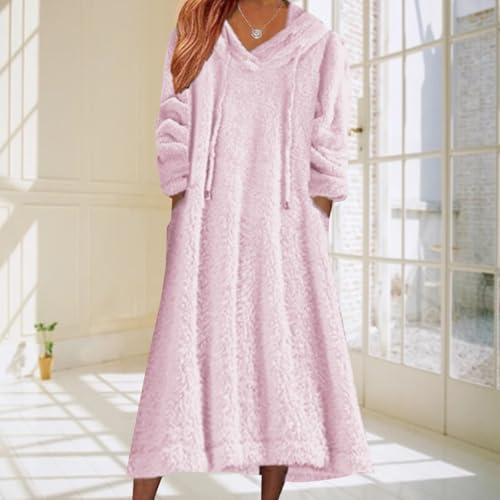 2024 Women's Fleece Fuzzy Hoodies Dress Long Dress Oversized Hooded Sweatshirts Dress Warm Winter Hoodies with Pocket3