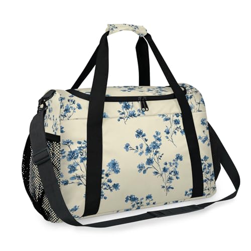 Flowers Blue Retro Travel Duffel Bag Weekender Overnight Bags for Women Men Foldable Waterproof Tote Bag with Trolley Sleeve2
