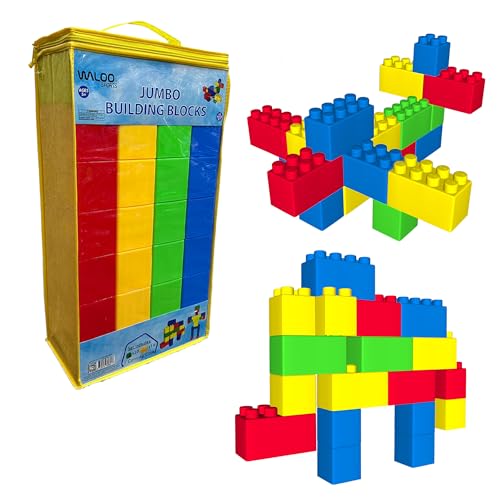 WALOO Sports Jumbo Building Blocks Toy Set, Big Stacking Blocks with Storage Bag (43 Pc, Yellow/Blue/Green/Red)