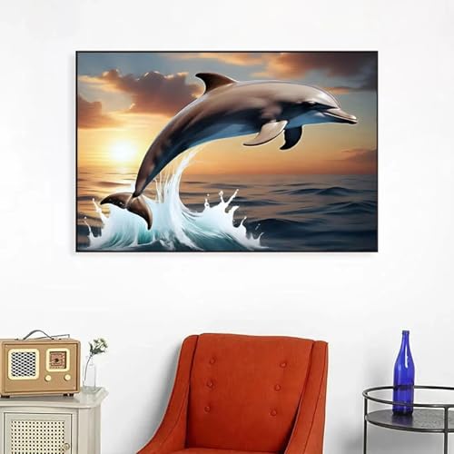Coucher de soleil sur l'océan en peinture toile dauphin pour décorer un salon chaleureux - 3