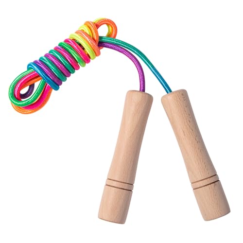 Foto von Homello Verstellbare Springseil für Kinder, 260cm Springen Seil mit Holzgriff und Regenbogen-Springseil, ideal für Fitness Training/Spiel/Fett Brennen Übung