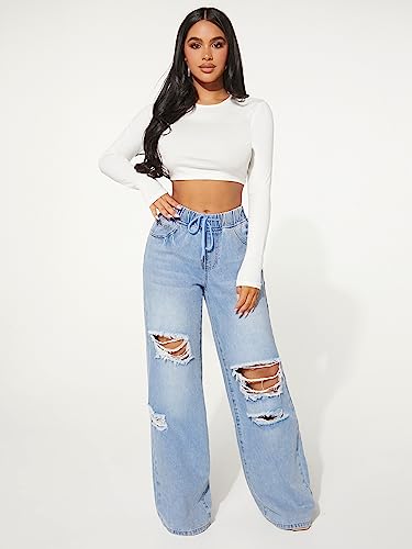Floerns Women's Casual Drawstring Waist Jeans Distressed Ripped Denim Pants4