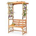 HAPPYGRILL Patio Garden Arbor with Bench, Wooden Garden Arch w/Pergola & 2 Trellises for Climbing Plants Vines Grapes, 48''W x 75''H 2-Person Outdoor Bench for Wedding Party Ceremony Backyard