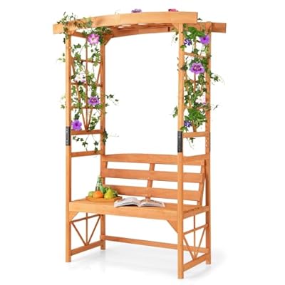 HAPPYGRILL Patio Garden Arbor with Bench, Wooden Garden Arch w/Pergola & 2 Trellises for Climbing Plants Vines Grapes, 48''W x 75''H 2-Person Outdoor Bench for Wedding Party Ceremony Backyard