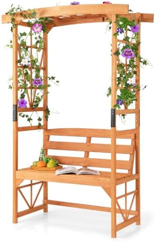 HAPPYGRILL Patio Garden Arbor with Bench, Wooden Garden Arch w/Pergola & 2 Trellises for Climbing Plants Vines Grapes, 48