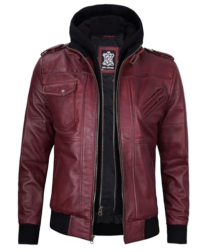 Image of Decrum Mens Leather Jacket - Detachable Hood Stylish Real Lambskin Leather Bomber Jacket Men