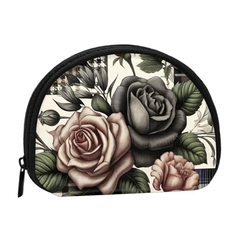 Portable Coin Purse Vintage-Roses-Plaid-Pattern Mini Zippered Money Pouch Card Holder