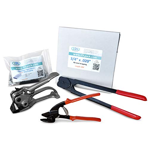Image of IDL Packaging Round Packages Strapping Kit for 3 /4 inch x 200' Steel Strapping, 1700 lbs Break Strength - Packaging Strapping Solution for Pipes - Enough Strapping and Seals for 100 Uses Before Refill