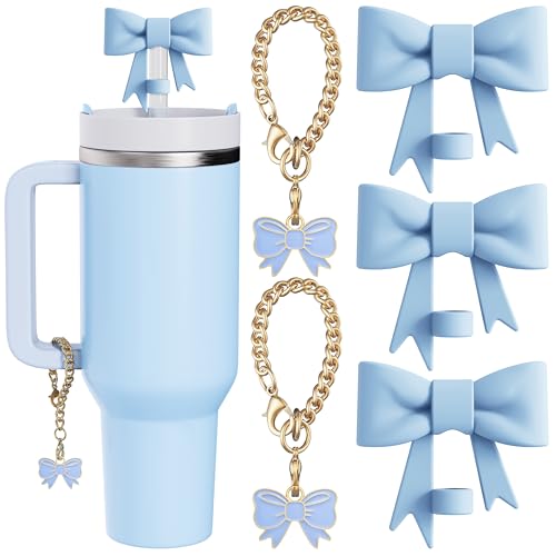 Compatible with Stanley Cup Accessories - 3Pcs 10mm Bow Straw Topper Compatible with Stanley Cup Straw Cover Cap, 2pcs Blue Bow Charms for 30&40 Oz Tumbler with Handle